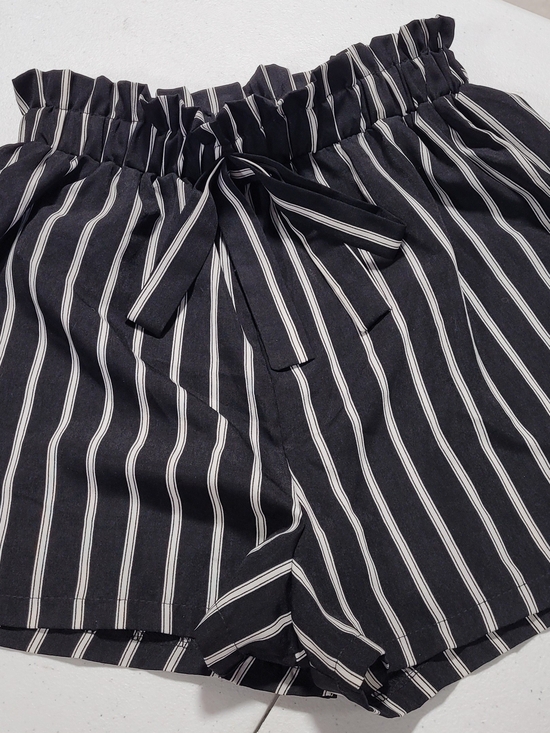 Pants - Black and White Striped Paperbag Waist Women’s Shorts